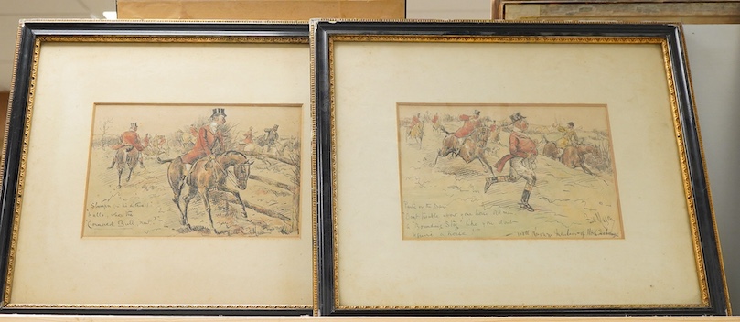 George Finch Mason (1850-1915), ‘Hallo, who’s the cornered bull now?’ and one other, each signed and inscribed in ink, pair of ink and watercolours, 15 x 22cm